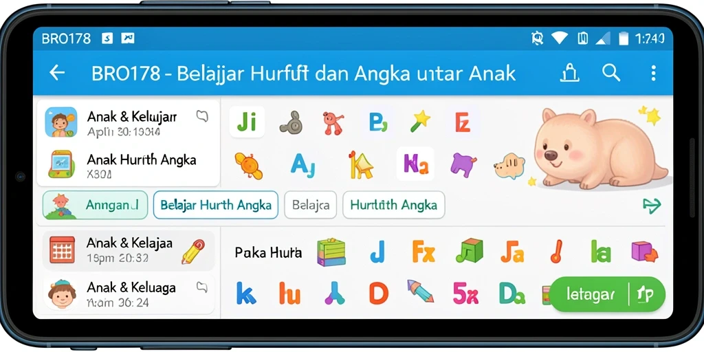 Antarmuka aplikasi BRO178 dengan permainan belajar huruf dan angka.