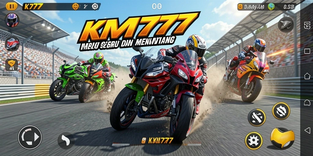 Screenshot utama KM777 menampilkan aksi balap motor yang mendebarkan.