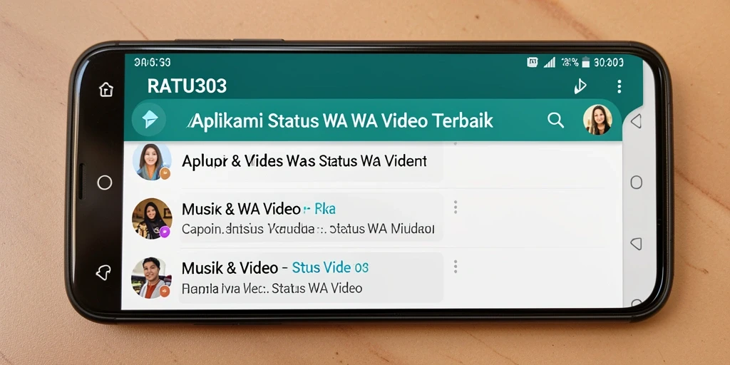 Tampilan antarmuka aplikasi RATU303 dengan pilihan Status WA Video.
